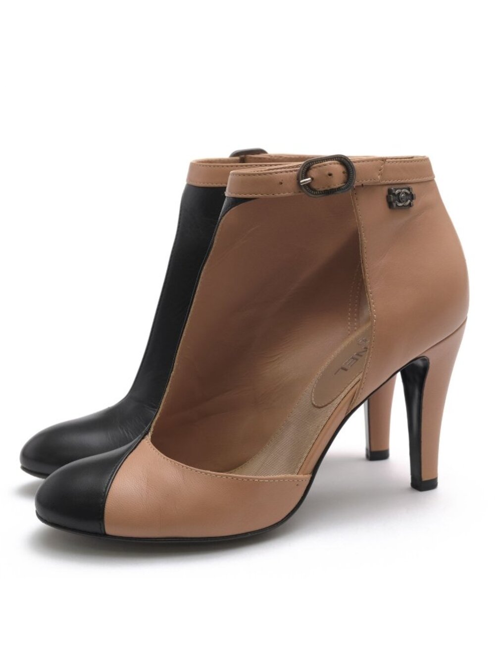 Chanel Booties Short Boots Shoes Leather Beige Ankle Strap Bicolor High Heels